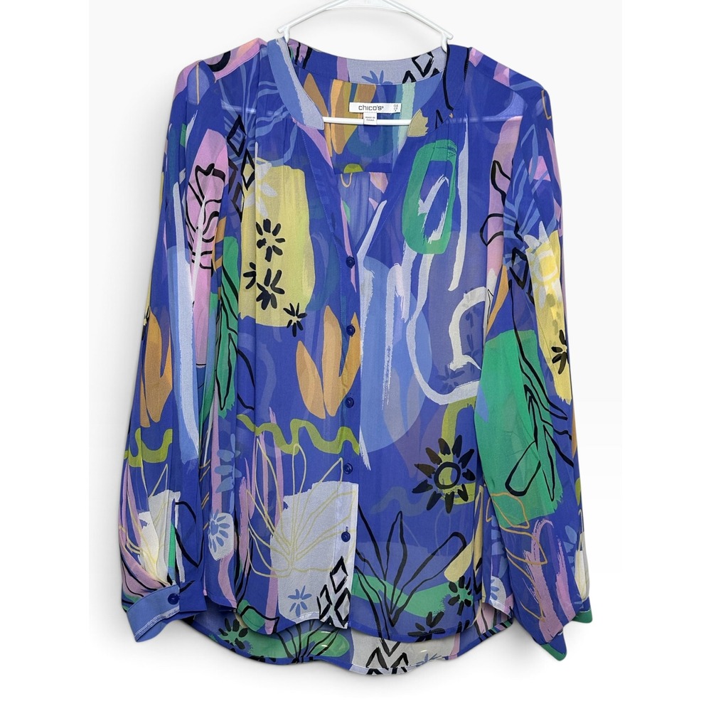 Chico's Abstract Print Chiffon Blouse Blue Multi Color Semi Sheer Size 6 - Picture 2 of 6